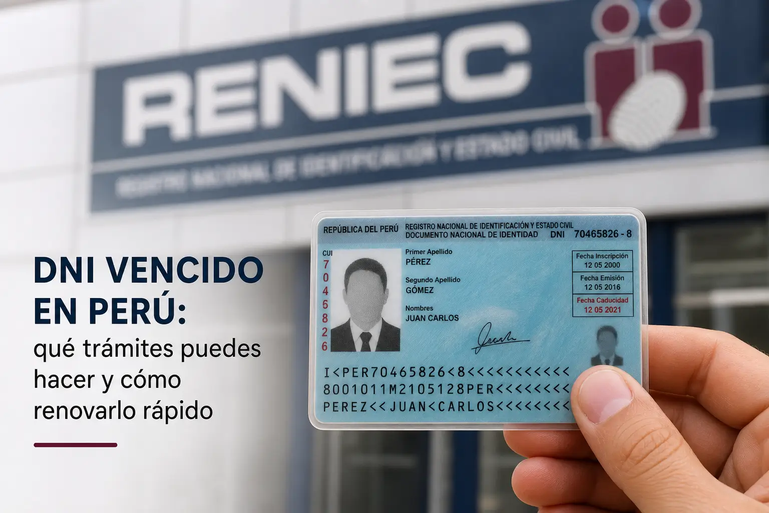 Close-up de uma mão com DNI peruano e cartaz de renovação em 2026