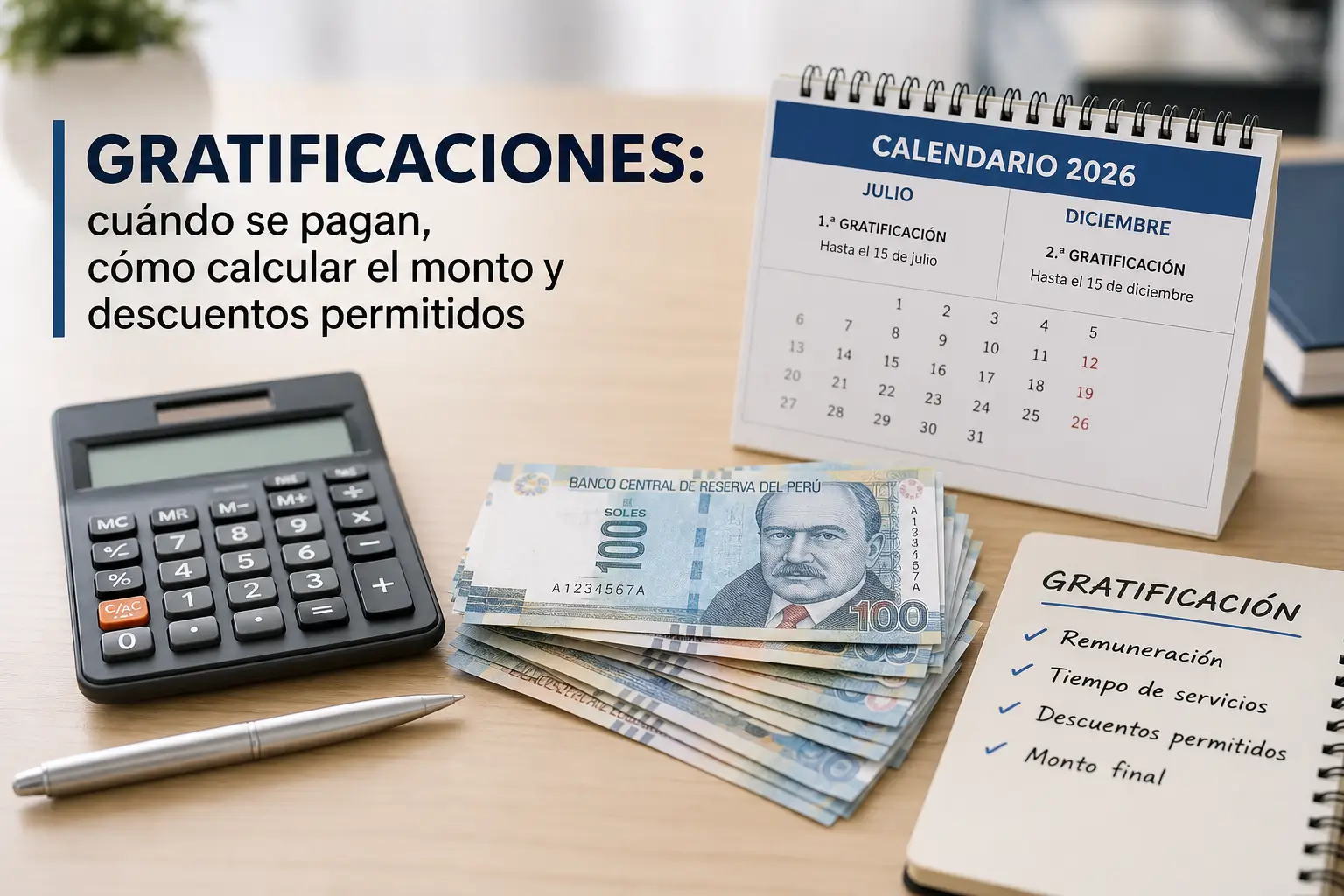 Mesa com notas de sol peruano e calendário de gratificações 2026