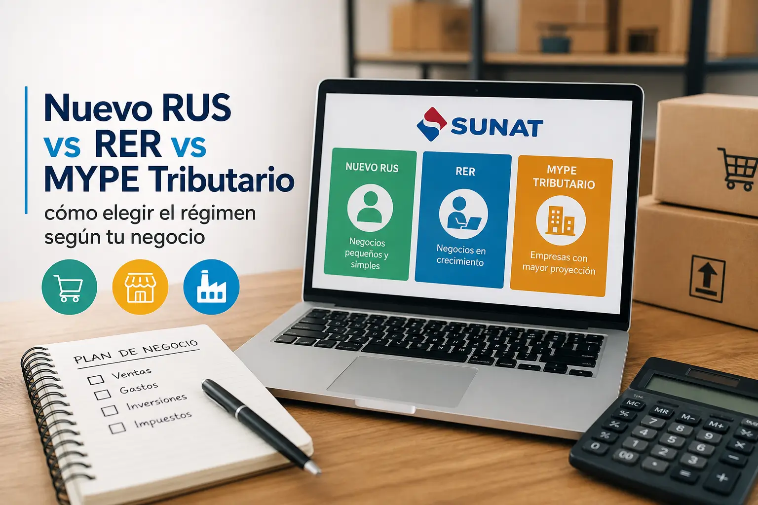 Apresentação SUNAT sobre opções tributárias 2026 em laptop