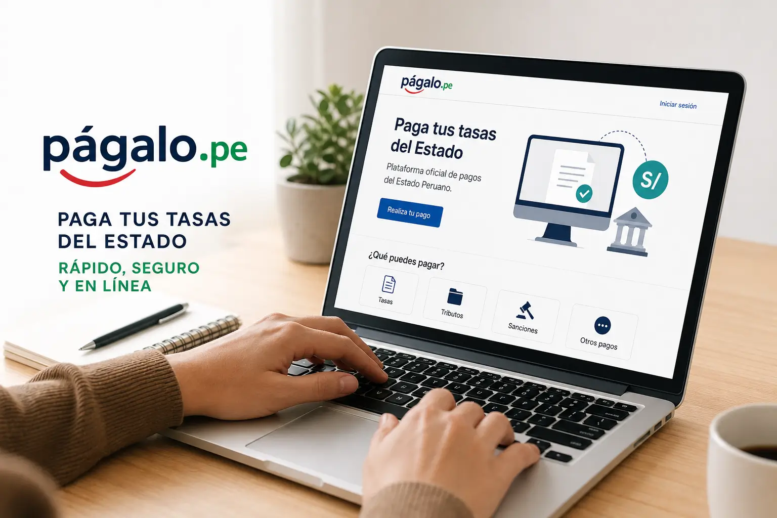 Mãos em um laptop acessando o site pagalo.pe para pagar taxas