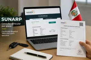 Certificado Registral Vehicular SUNARP em consulta no laptop com bandeira do Peru