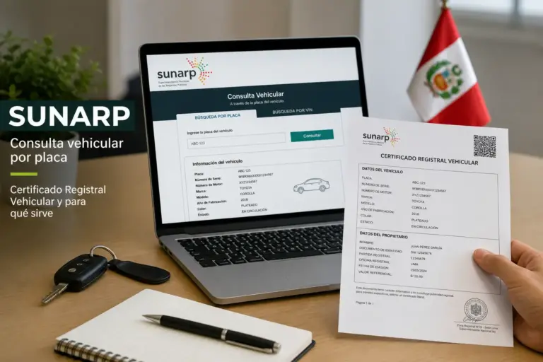 Certificado Registral Vehicular SUNARP em consulta no laptop com bandeira do Peru