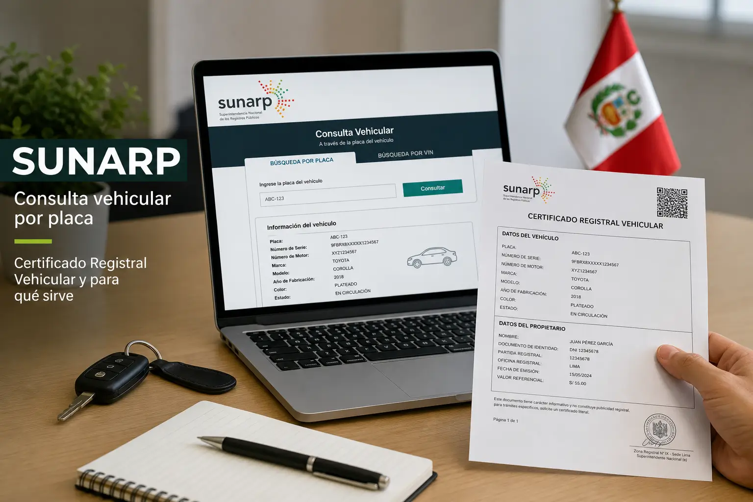 Certificado Registral Vehicular SUNARP em consulta no laptop com bandeira do Peru